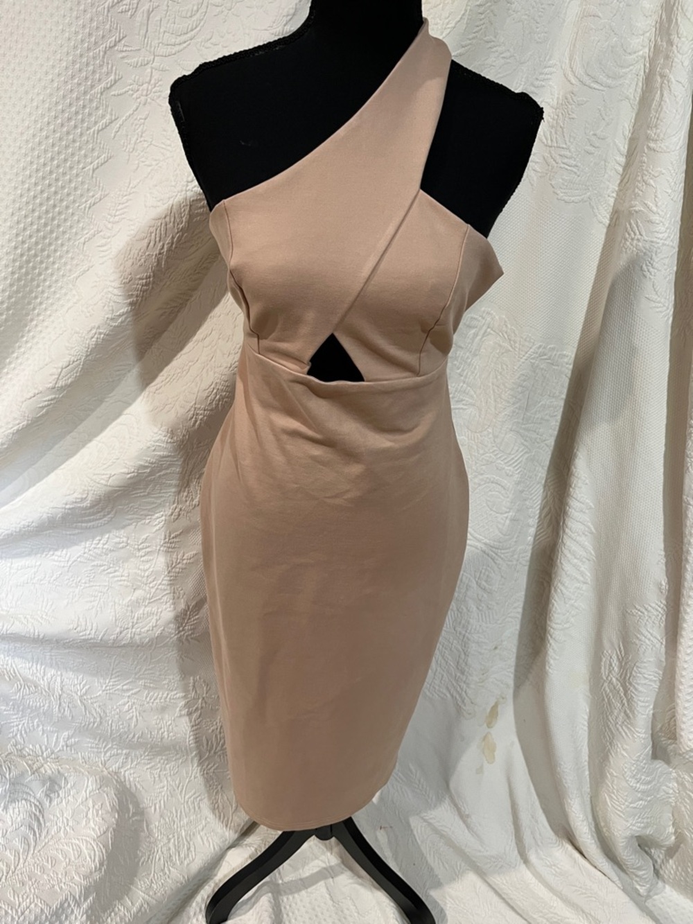 NBD One-Shoulder Nude Bodycon Dress with Cutout, size medium